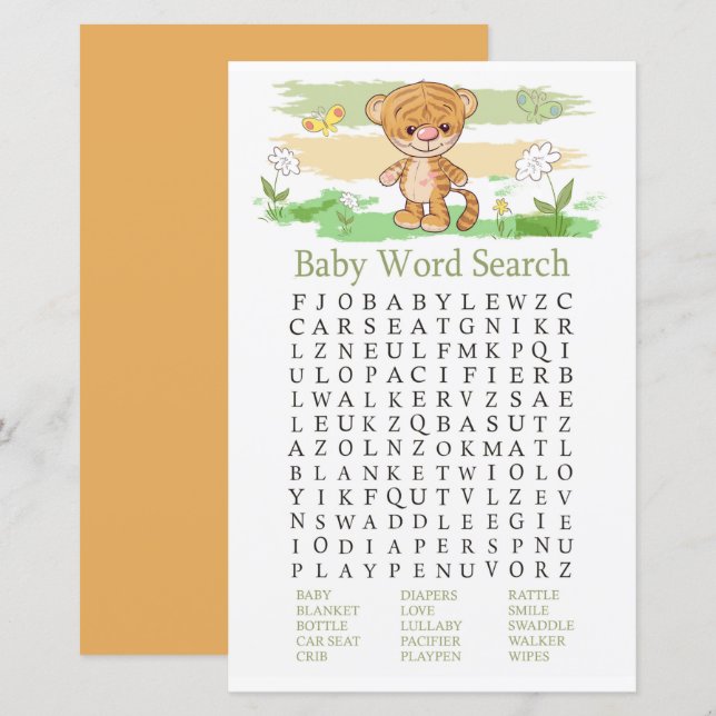 Lámina Juego de búsqueda de palabras de Baby Shower con t (Anverso / Reverso)