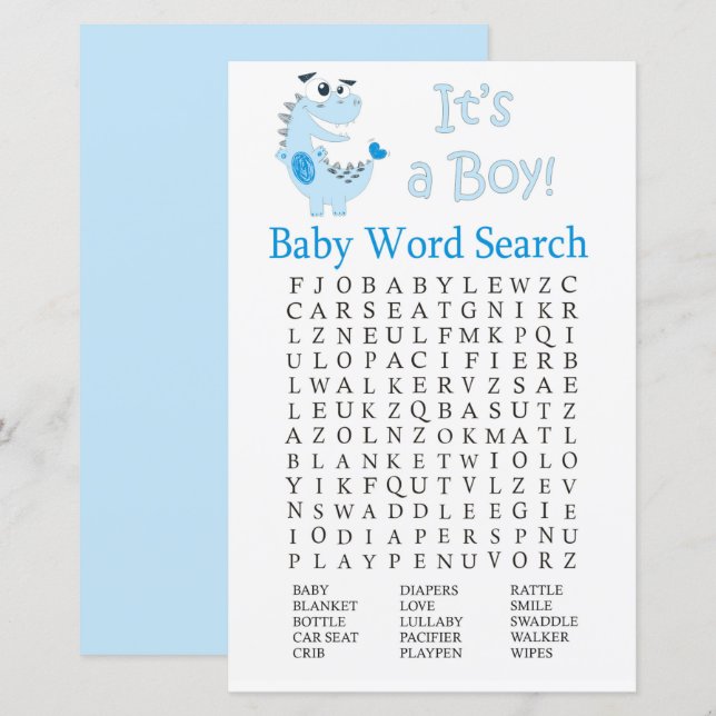 Lámina Juego de búsqueda de palabras de Baby Shower Dinos (Anverso / Reverso)