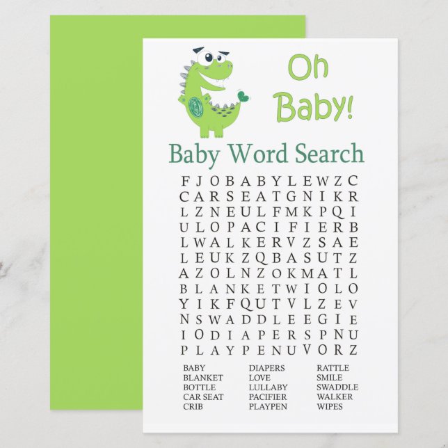 Lámina Juego de búsqueda de palabras de Baby Shower Dinos (Anverso / Reverso)