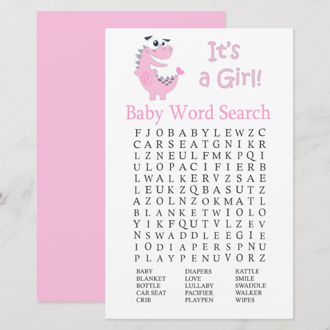 Lámina Juego de búsqueda de palabras de Baby Shower Dinos (Anverso / Reverso)