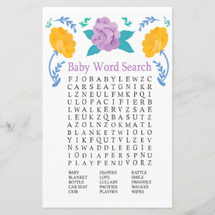 Lámina Juego de búsqueda de palabras de Baby Shower naran