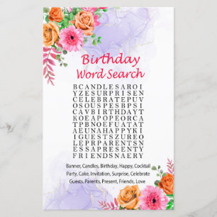 Lámina Juego de búsqueda de palabras de cumpleaños