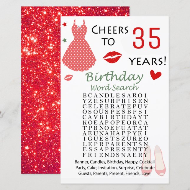 Lámina Juego de búsqueda de palabras de cumpleaños 35 (Anverso / Reverso)