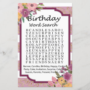 Lámina juego de búsqueda de palabras de cumpleaños a raya