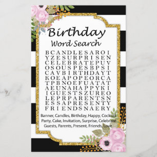 Lámina Juego de búsqueda de palabras de cumpleaños Black 