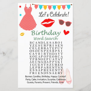 Lámina Juego de búsqueda de palabras de cumpleaños con ve