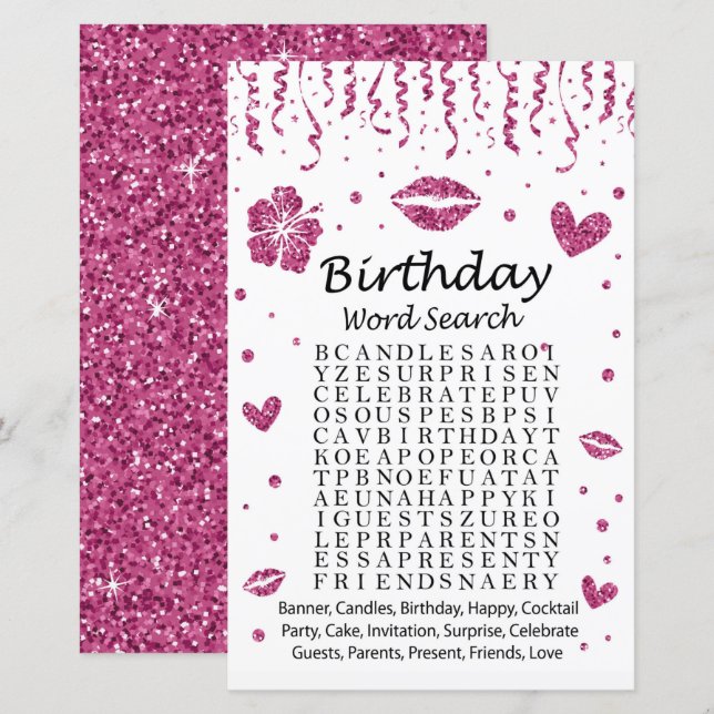 Lámina Juego de búsqueda de palabras de cumpleaños de pur (Anverso / Reverso)