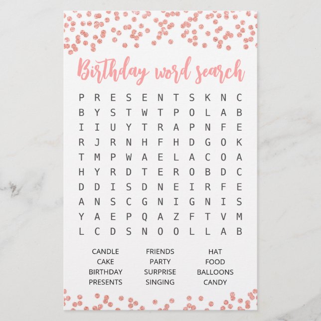 Lámina Juego de búsqueda de palabras de cumpleaños Fiesta (Anverso)