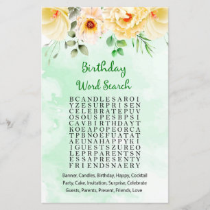 Lámina Juego de búsqueda de palabras de cumpleaños Floral