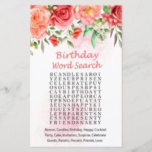 Lámina Juego de búsqueda de palabras de cumpleaños Red Ro