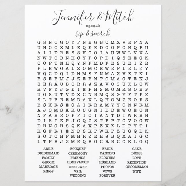 Lámina Juego de búsqueda de palabras de recepción de boda (Anverso)
