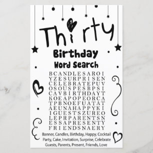 Lámina Juego de búsqueda de palabras en el cumpleaños 30