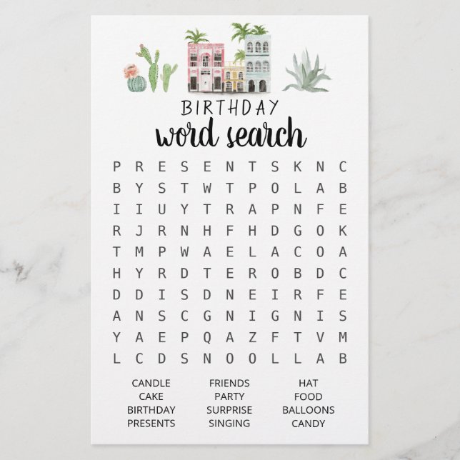 Lámina Juego de búsqueda de Word de cumpleaños Fiesta de  (Anverso)
