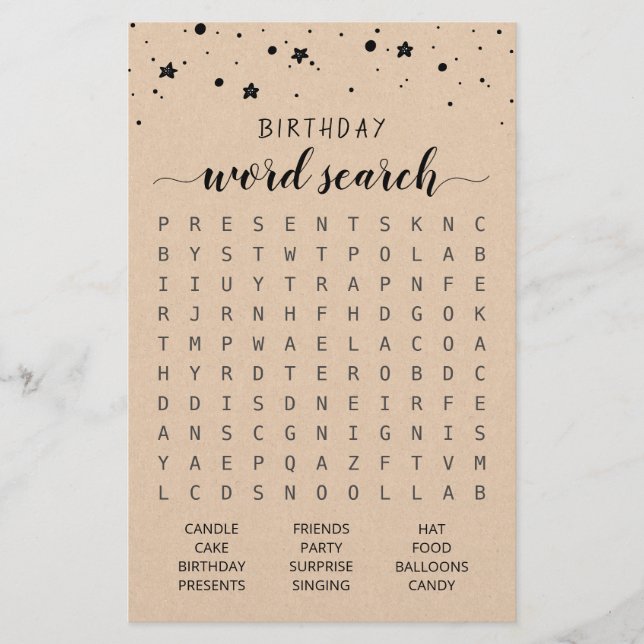 Lámina Juego de búsqueda de Word de cumpleaños Fiesta de  (Anverso)
