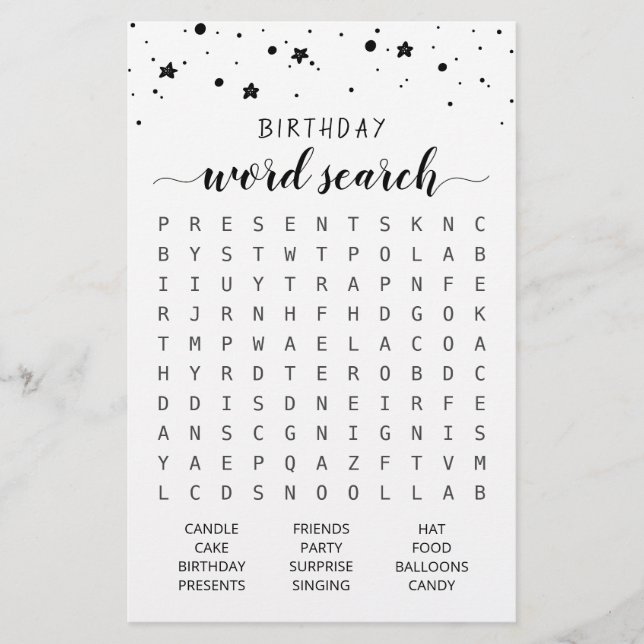 Lámina Juego de búsqueda de Word de cumpleaños Fiesta de  (Anverso)