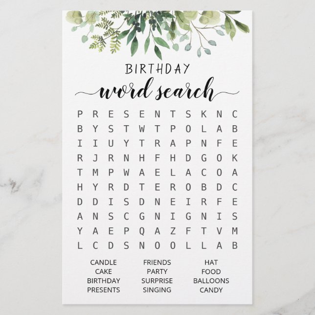 Lámina Juego de búsqueda de Word de cumpleaños Fiesta de  (Anverso)