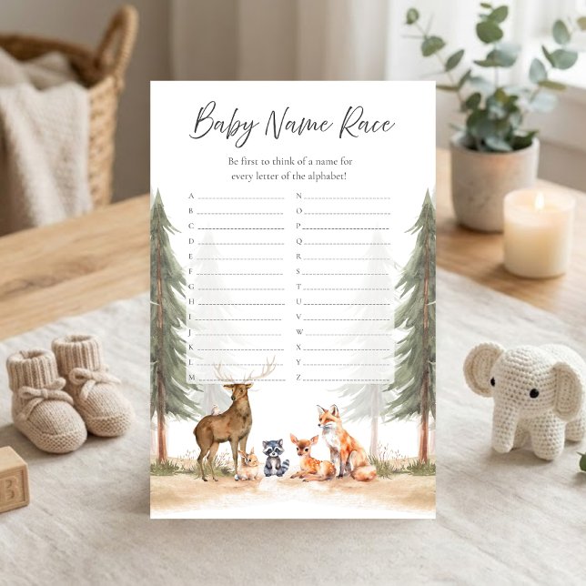 Lámina Juego de carrera de nombres de lluvia de bosque de (Let the Adventure Begin Woodland Animals Baby Shower Baby Name Race Game)