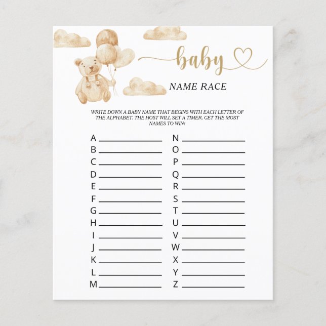 Lámina Juego de carreras del nombre del bebé (Anverso)