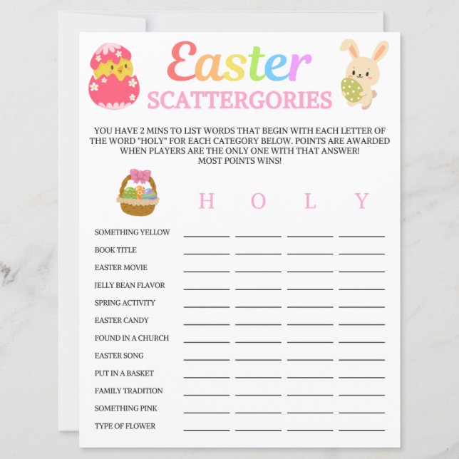 Lámina Juego de Catergories de Pascua (Anverso)