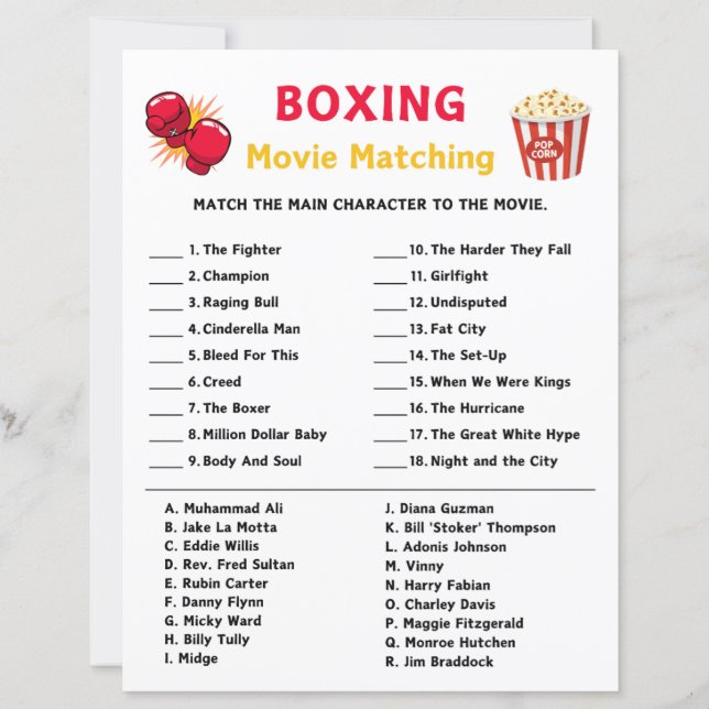 Lámina Juego de correspondencia de películas de boxeo (Anverso)