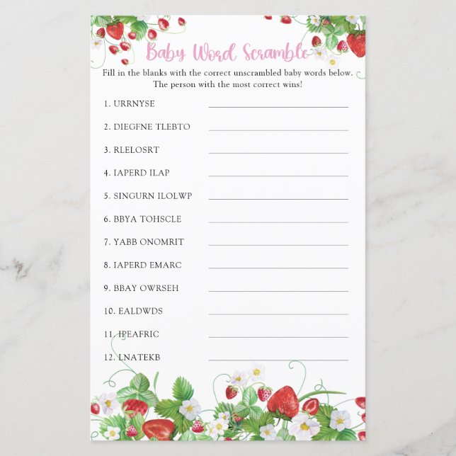 Lámina Juego de Cramble de Palabra Bebé | Fresa dulce (Anverso)