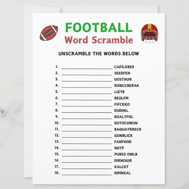 Lámina Juego de Cramble de Palabra de Fútbol (Anverso)