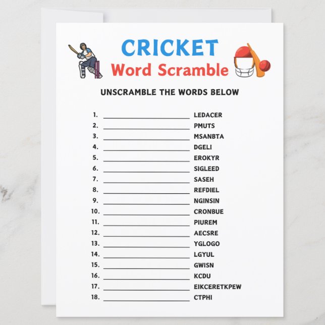 Lámina Juego de Cricket Word Scramble (Anverso)