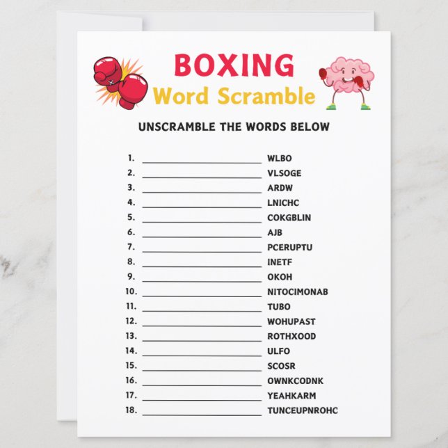 Lámina Juego de cuadernillo de palabras de boxeo (Anverso)