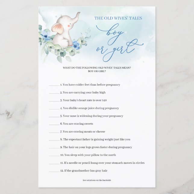 Lámina Juego de cuentos de elefante azul lindo adivina ni (Anverso)