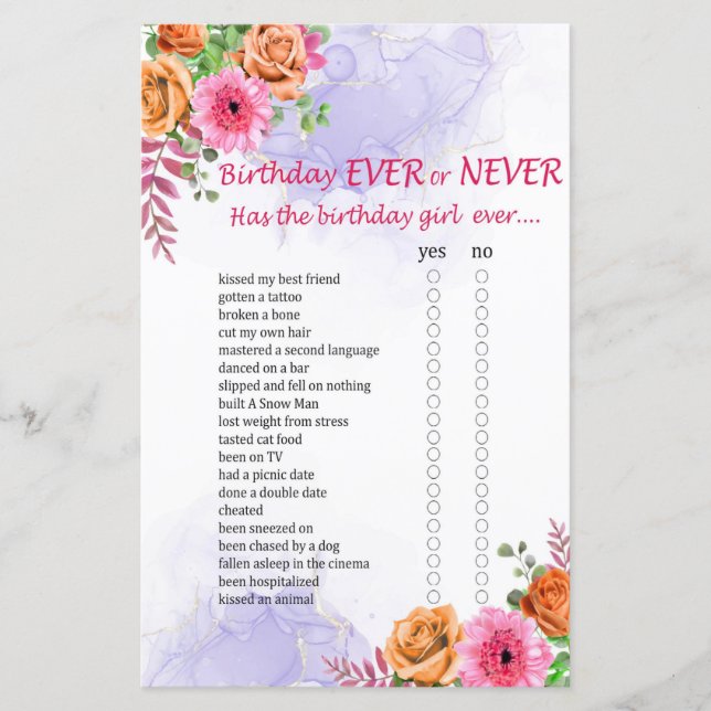 Lámina Juego de cumpleaños de flores siempre o nunca (Anverso)