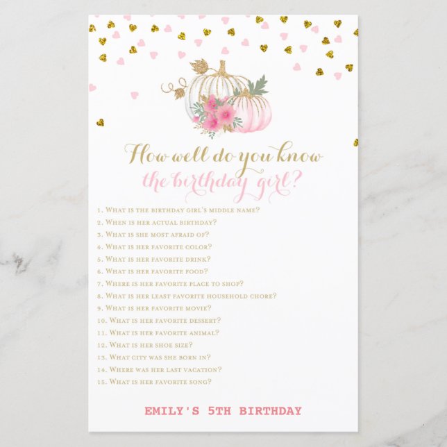 Lámina Juego de cumpleaños de Oro y Rosa, calabaza (Anverso)