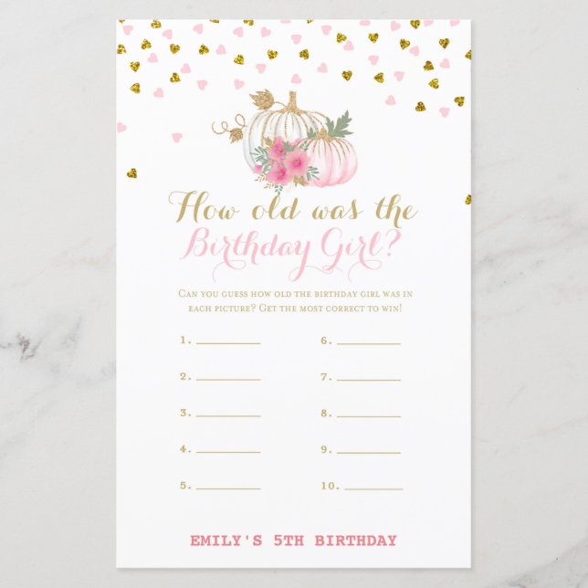 Lámina Juego de cumpleaños de Oro y Rosa, calabaza (Anverso)