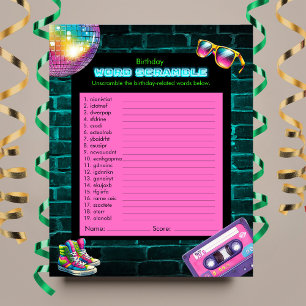 Lámina Juego de cumpleaños de Word Scramble 90s Neon Disc