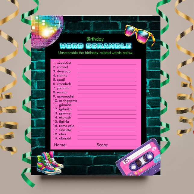 Lámina Juego de cumpleaños de Word Scramble 90s Neon Disc (Subido por el creador)