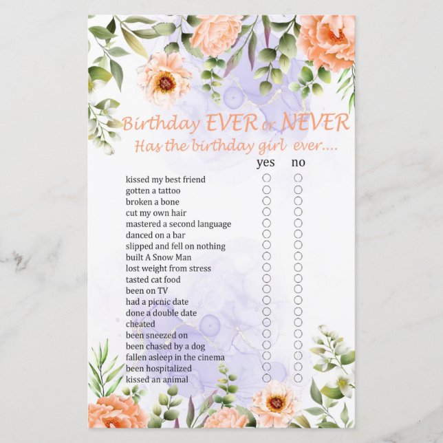 Lámina Juego de Cumpleaños Flores Pastel Siempre o Nunca (Anverso)