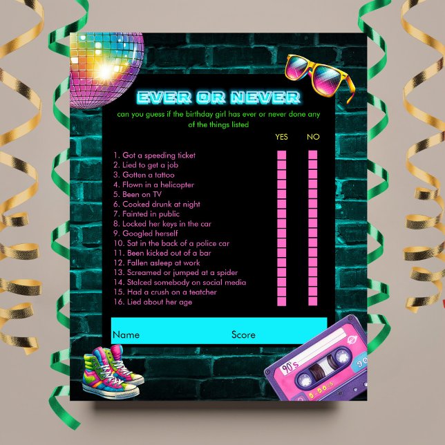 Lámina Juego de cumpleaños Neon Disco Neon Ever o Never 9 (Subido por el creador)