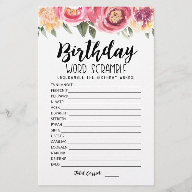 Lámina Juego de desorden de palabras de cumpleaños con re (Anverso)