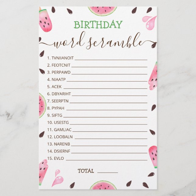 Lámina Juego de desorden de palabras de cumpleaños con re (Anverso)