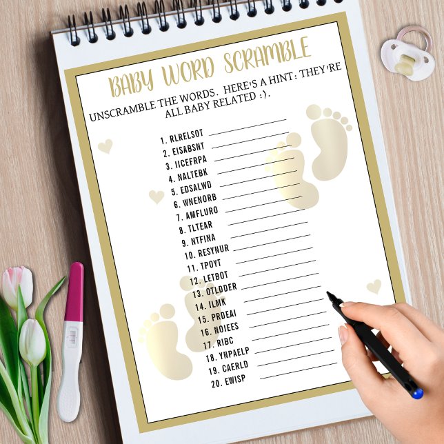 Lámina Juego de desorden de palabras de huella dorada par (Gold Footprint Word Scramble Baby Shower Game)