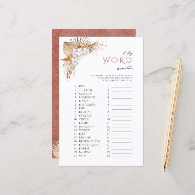 Lámina Juego de desorden de palabras para baby shower con (Anverso/Reverso In Situ)