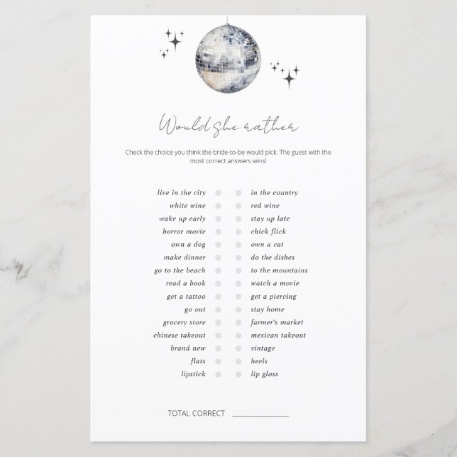 Lámina Juego de Despedida de Soltera con Bola de Discotec (Anverso)