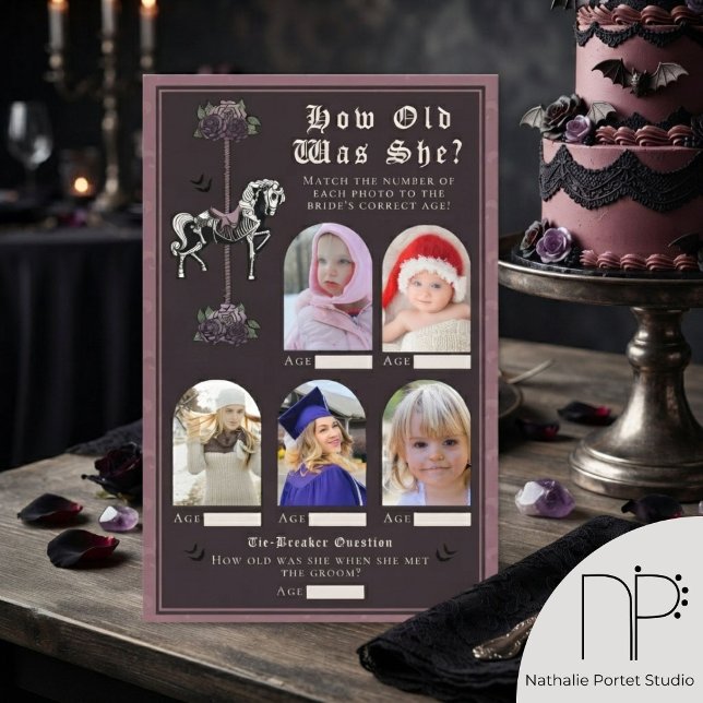 Lámina Juego de Despedida de Soltera de Caballo Esqueleto (hand-drawn vintage carousel skeleton horse and mauve roses for a chic dark romance aesthetic. )