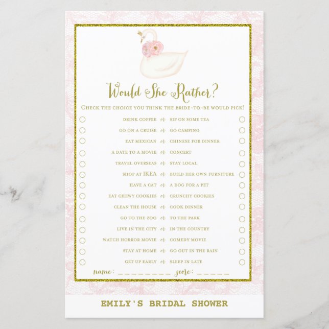 Lámina Juego de Despedida de Soltera de Cisne IMPRESO (Anverso)