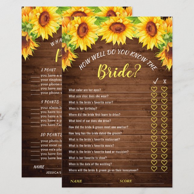 Lámina Juego de Despedida de Soltera de Girasol de Madera (Anverso / Reverso)