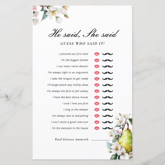 Lámina Juego de Despedida de Soltera Perfect Pear Él Dijo