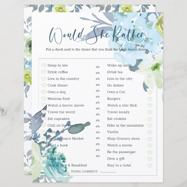 Lámina Juego de Despedida de Soltera ¿Qué Preferiría Azul (Anverso / Reverso)