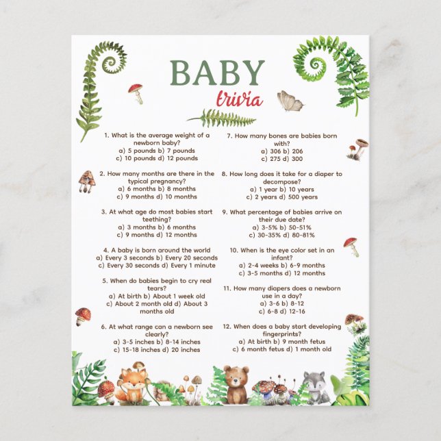 Lámina Juego de diseño de animales de bosque de trivia pa (Anverso)