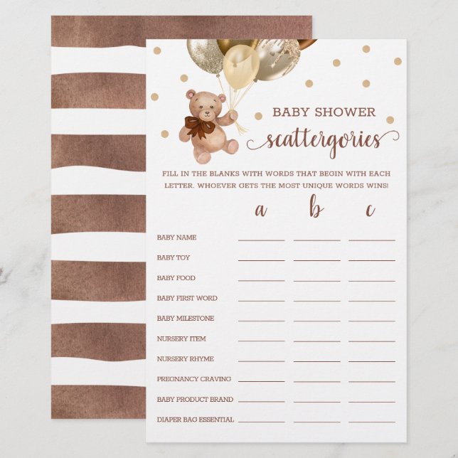 Lámina Juego de dispersión Baby Shower Teddy Bear (Anverso / Reverso)