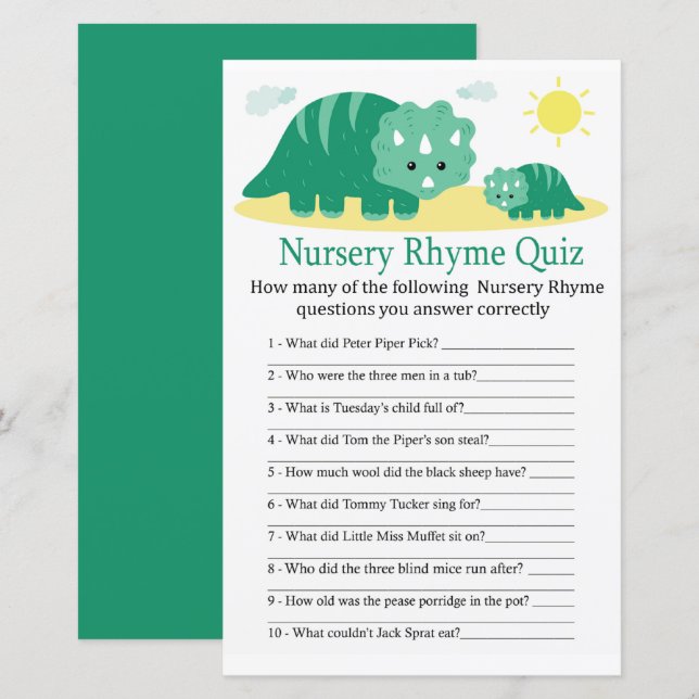 Lámina Juego de ducha de bebé Green Dino Nursery Rhyme (Anverso / Reverso)