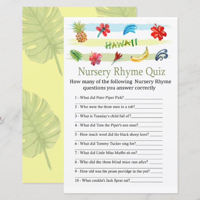 Lámina Juego de ducha de bebé Hawaii Nursery Rhyme Prueba (Anverso / Reverso)
